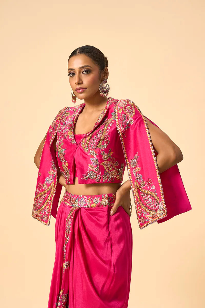 Vibrant pink Crop Jacket and Drape Skirt Set