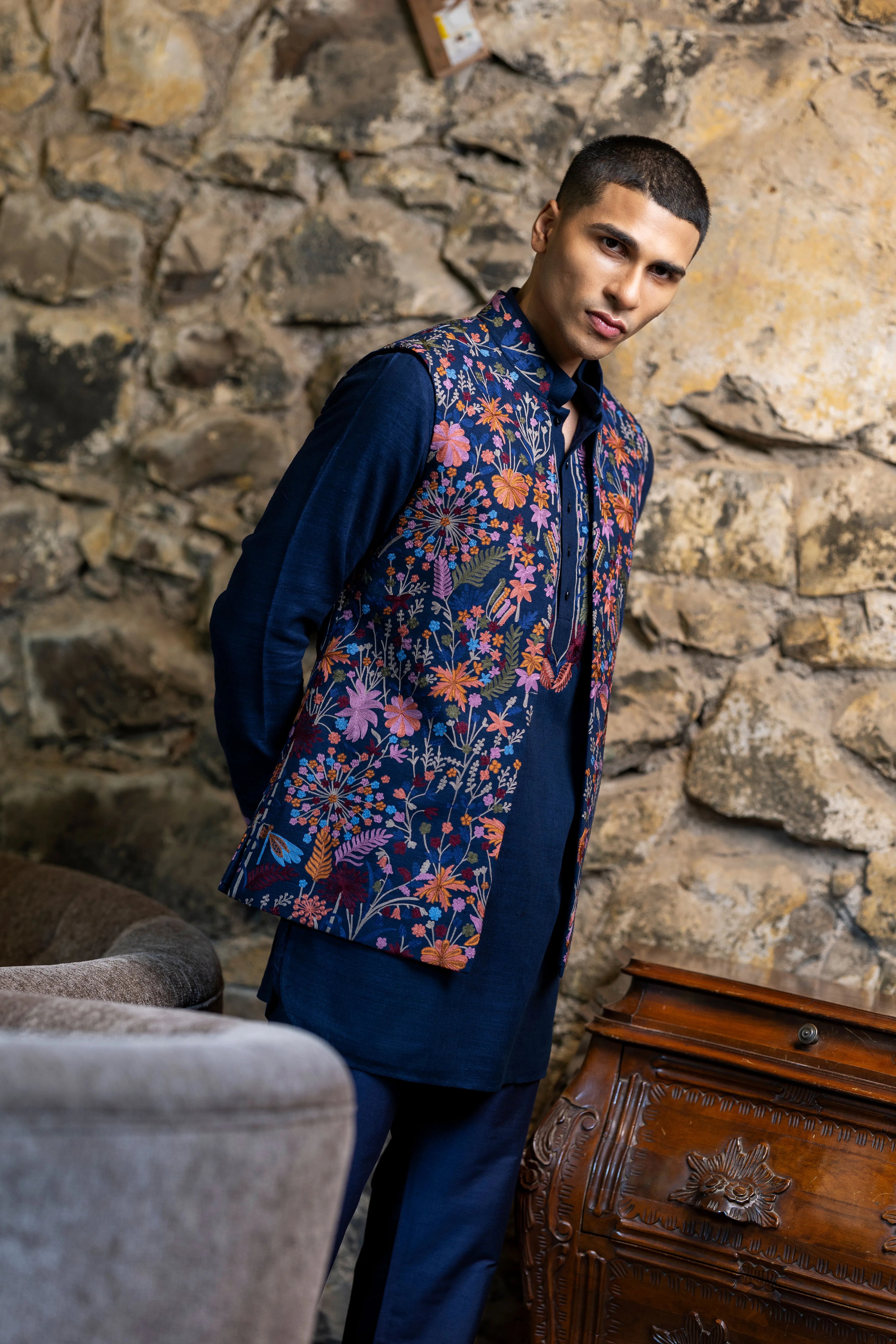 Matka Silk Jacket Set with Multicolour Resham Embroidery