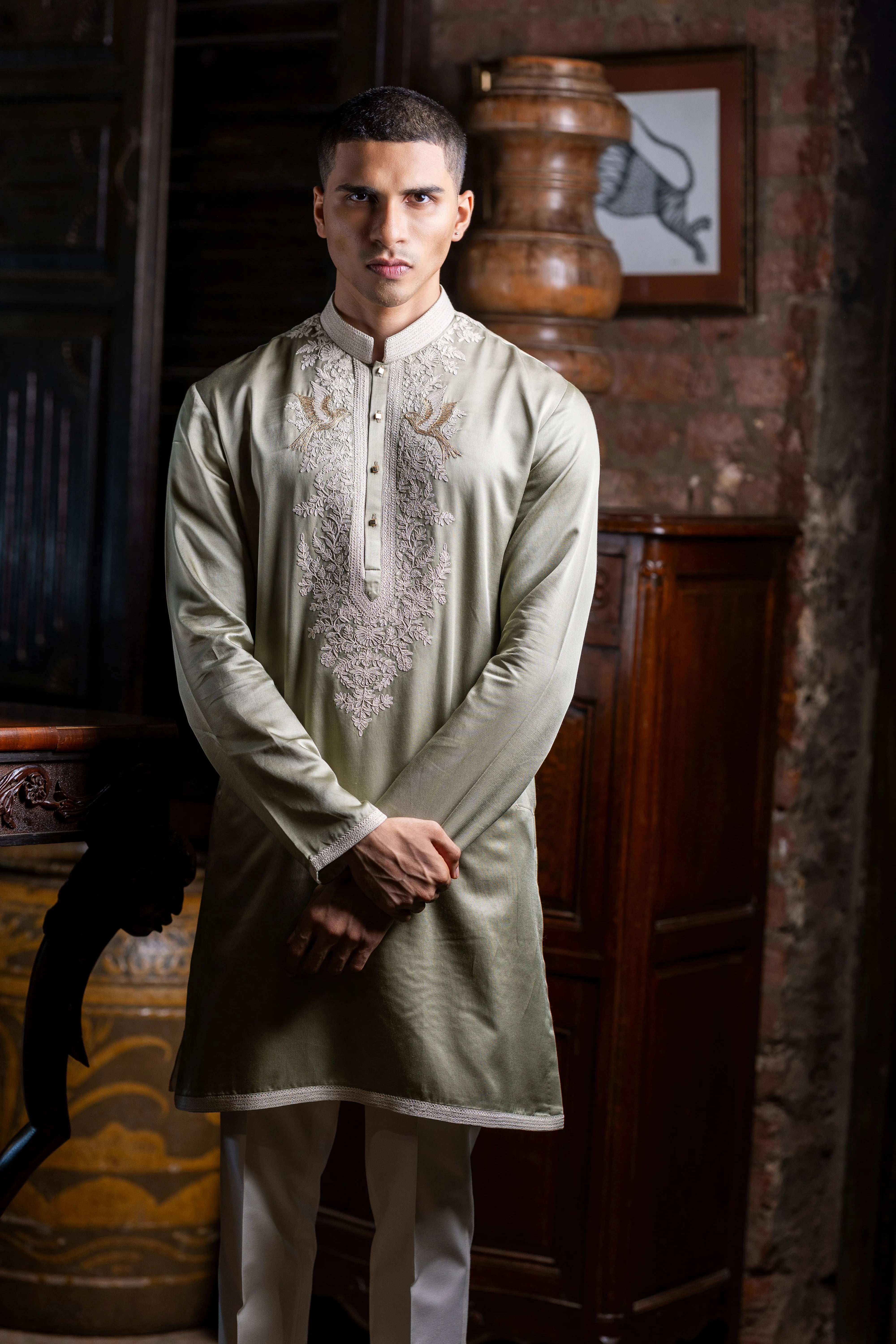 Pista Green Modal Silk Kurta with Resham & Zari Work